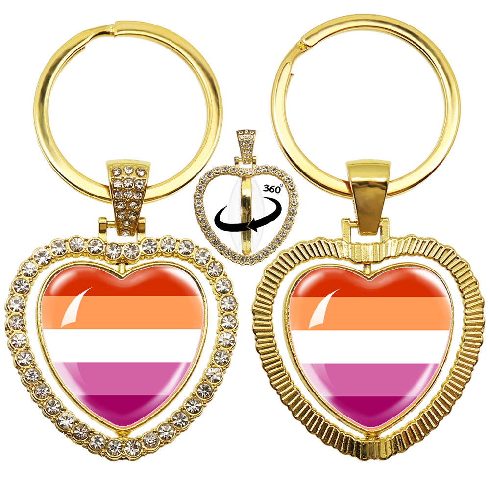 Wholesale LGBT Rainbow Rhinestone Heart Shaped 360 Degree Rotating Double Sided Metal Keychain